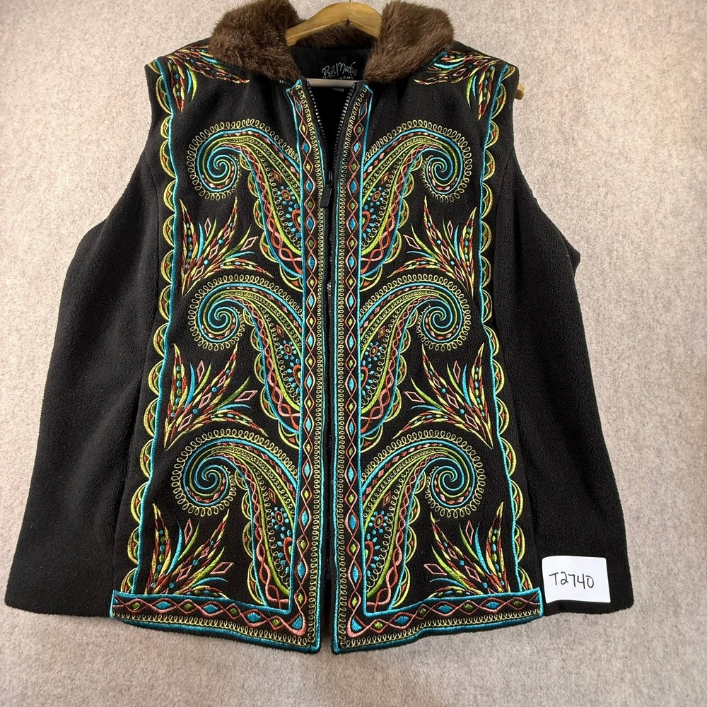 Bob Mackie Wearable Art Fleece Vest Black Embroidered Paisley Faux Fur Trim 1X